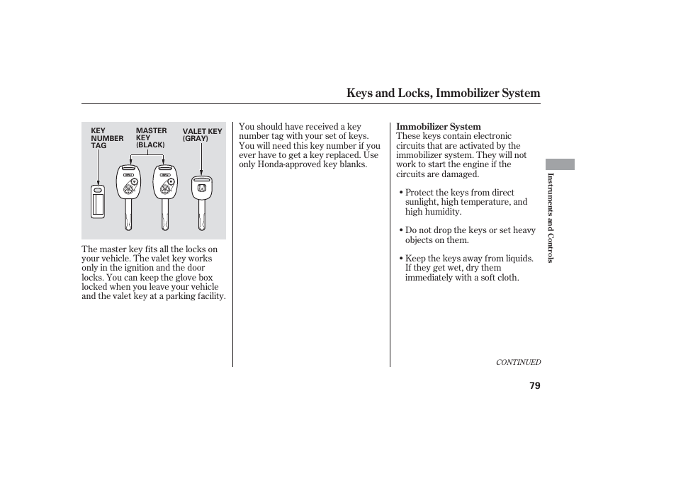 Keys and locks, immobilizer system | HONDA 2006 honda pilot User Manual | Page 81 / 316