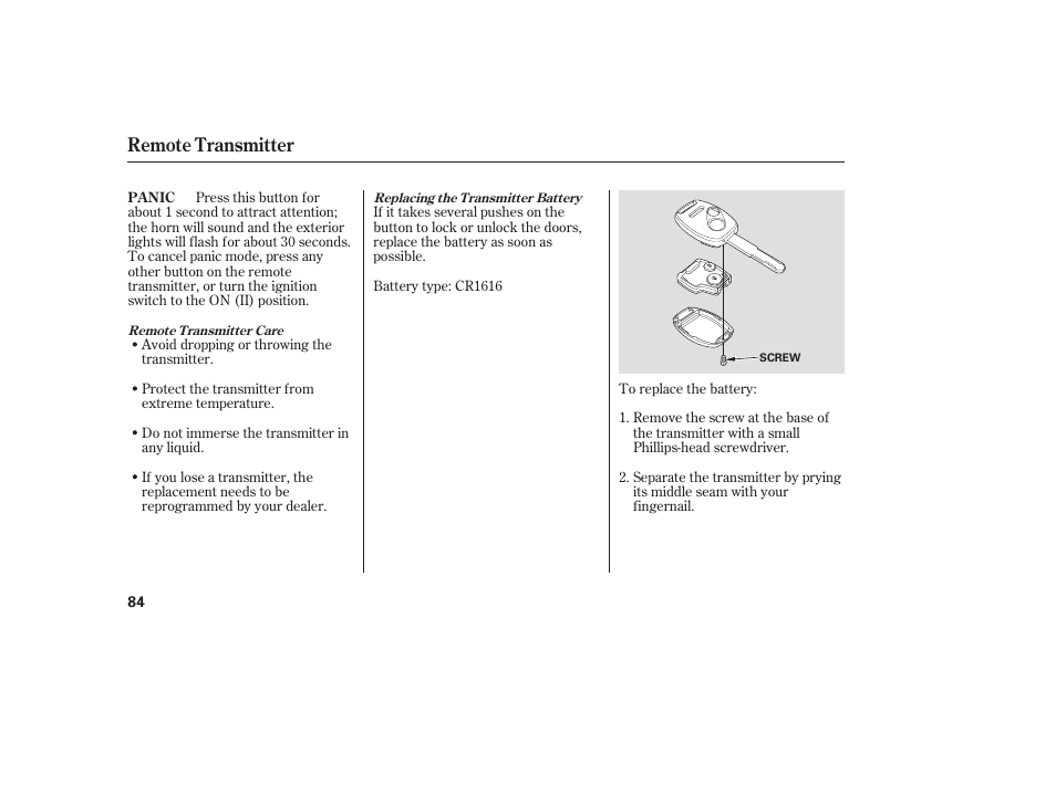 Remote transmitter | HONDA 2006 honda pilot User Manual | Page 86 / 316