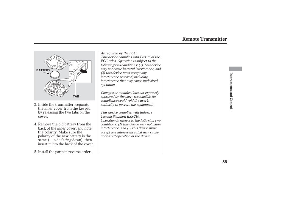 Remote transmitter | HONDA 2006 honda pilot User Manual | Page 87 / 316