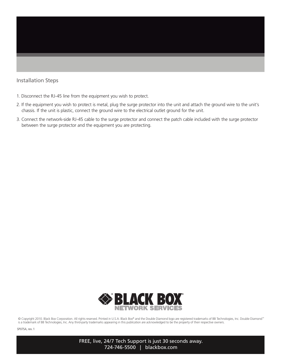 Black box, Installation steps | Black Box SP075A User Manual | Page 2 / 2