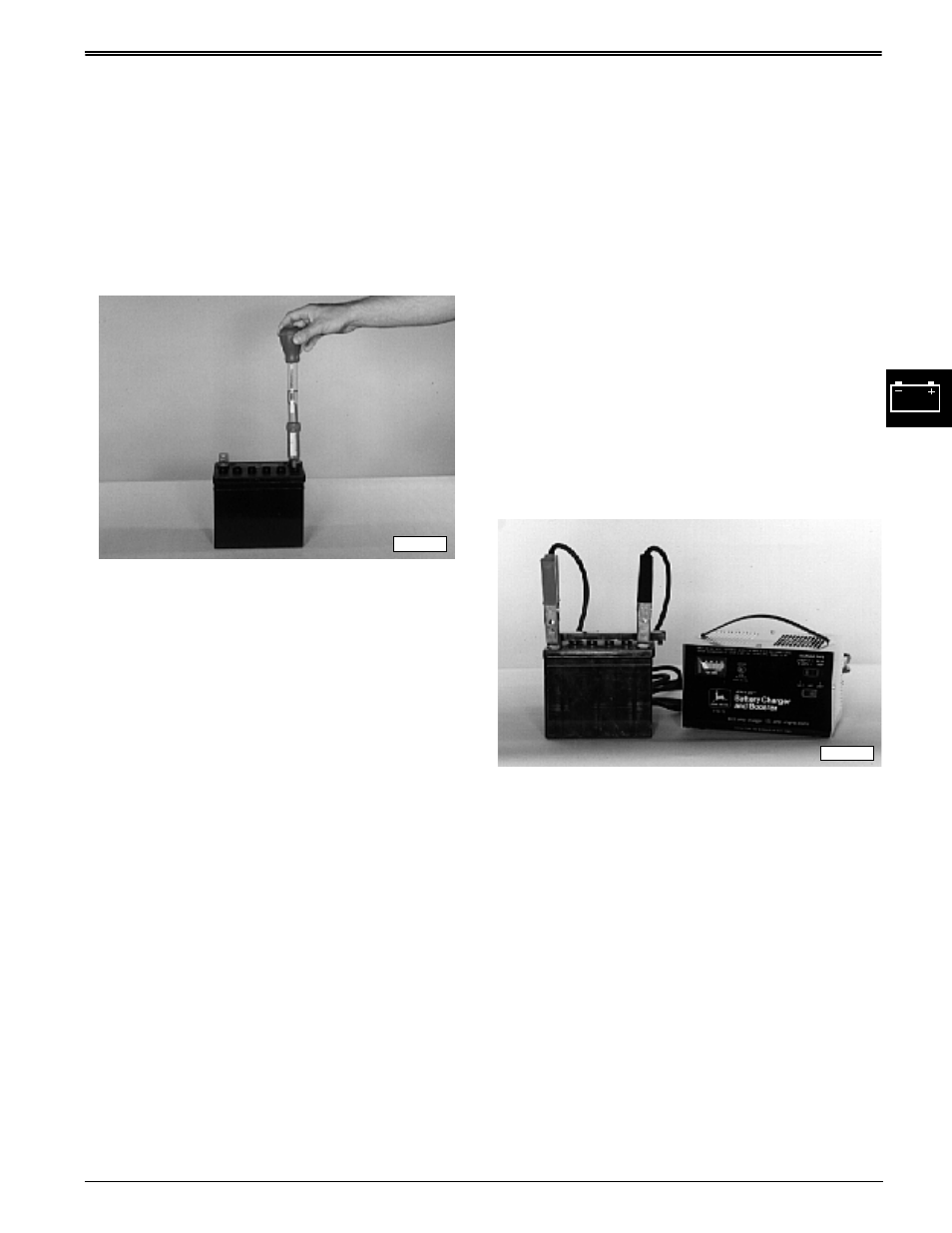 Battery test, Charge battery | John Deere stx38 User Manual | Page 147 / 314