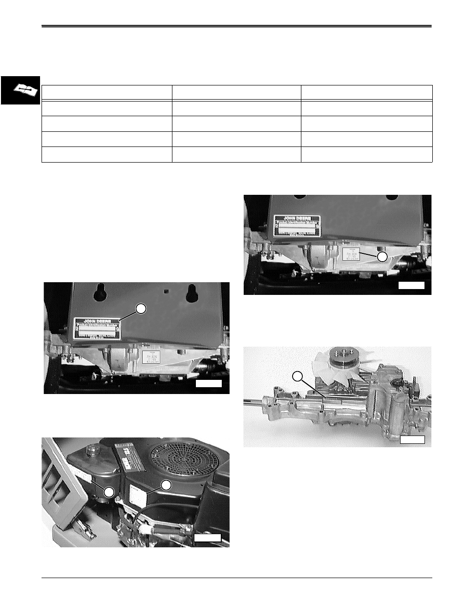 Serial & identification number locations, Tractor identification number, Engine serial number | Gear transaxle serial number, Hydrostatic transmission serial number | John Deere stx38 User Manual | Page 32 / 314