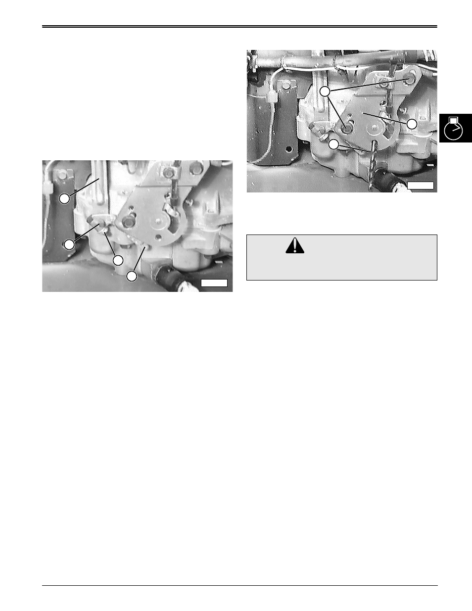 Caution, Governor adjustment, Fast idle speed adjustment | John Deere stx38 User Manual | Page 51 / 314