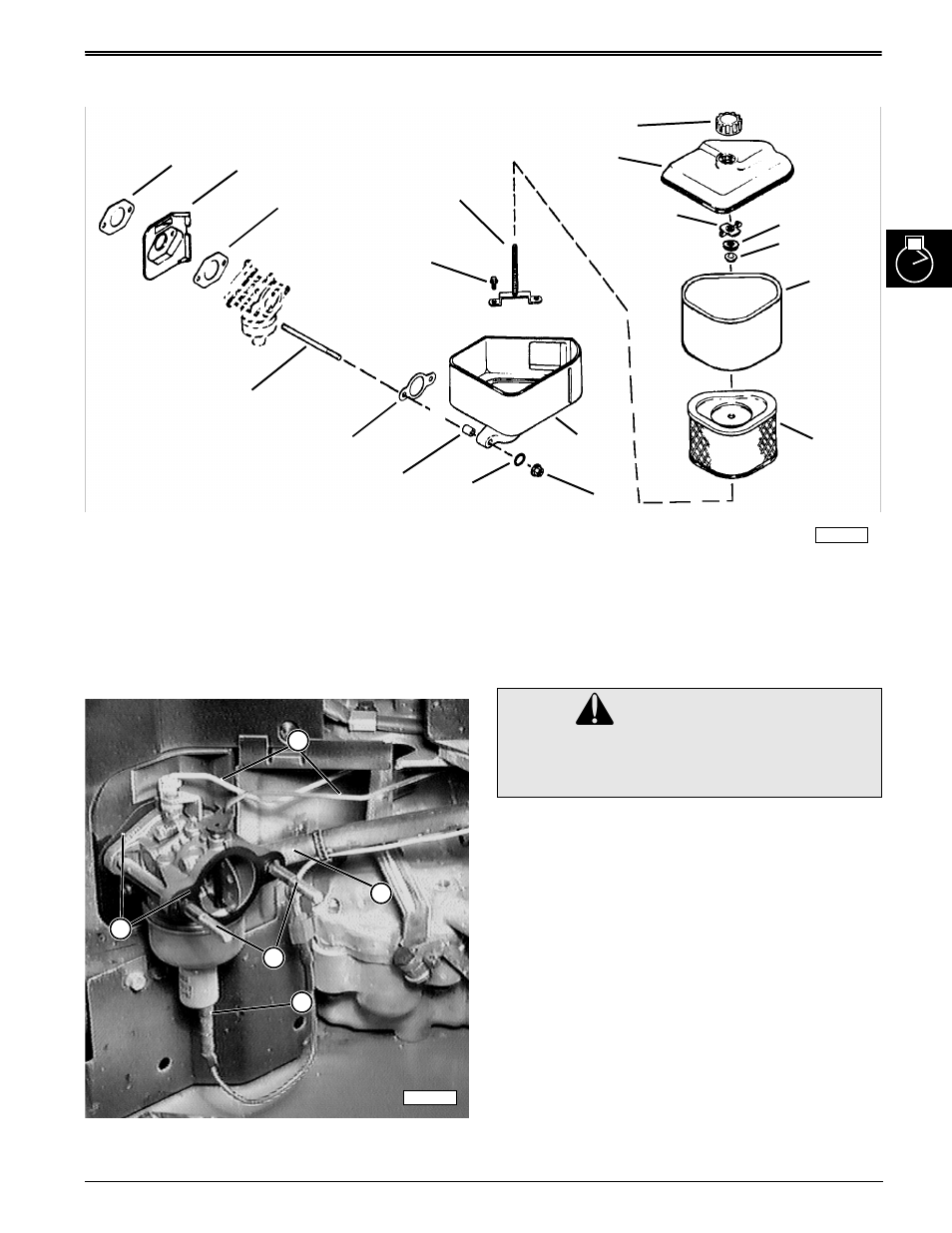 Caution, Air intake system components, Remove and install carburetor | John Deere stx38 User Manual | Page 61 / 314