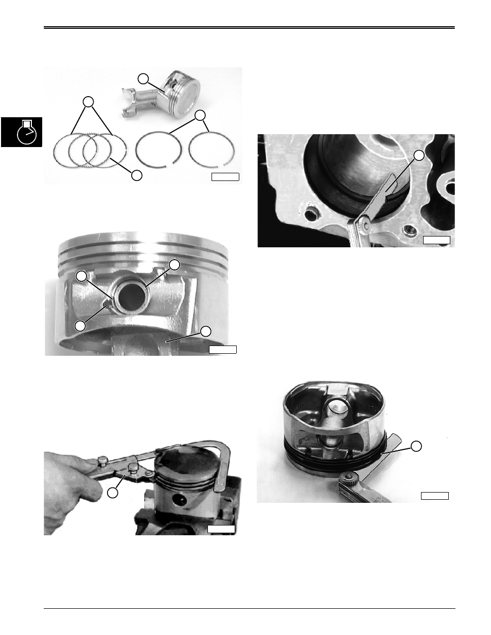 Piston assembly— disassemble, Piston inspection, Piston ring end gap measurement | Piston ring side clearance | John Deere stx38 User Manual | Page 76 / 314