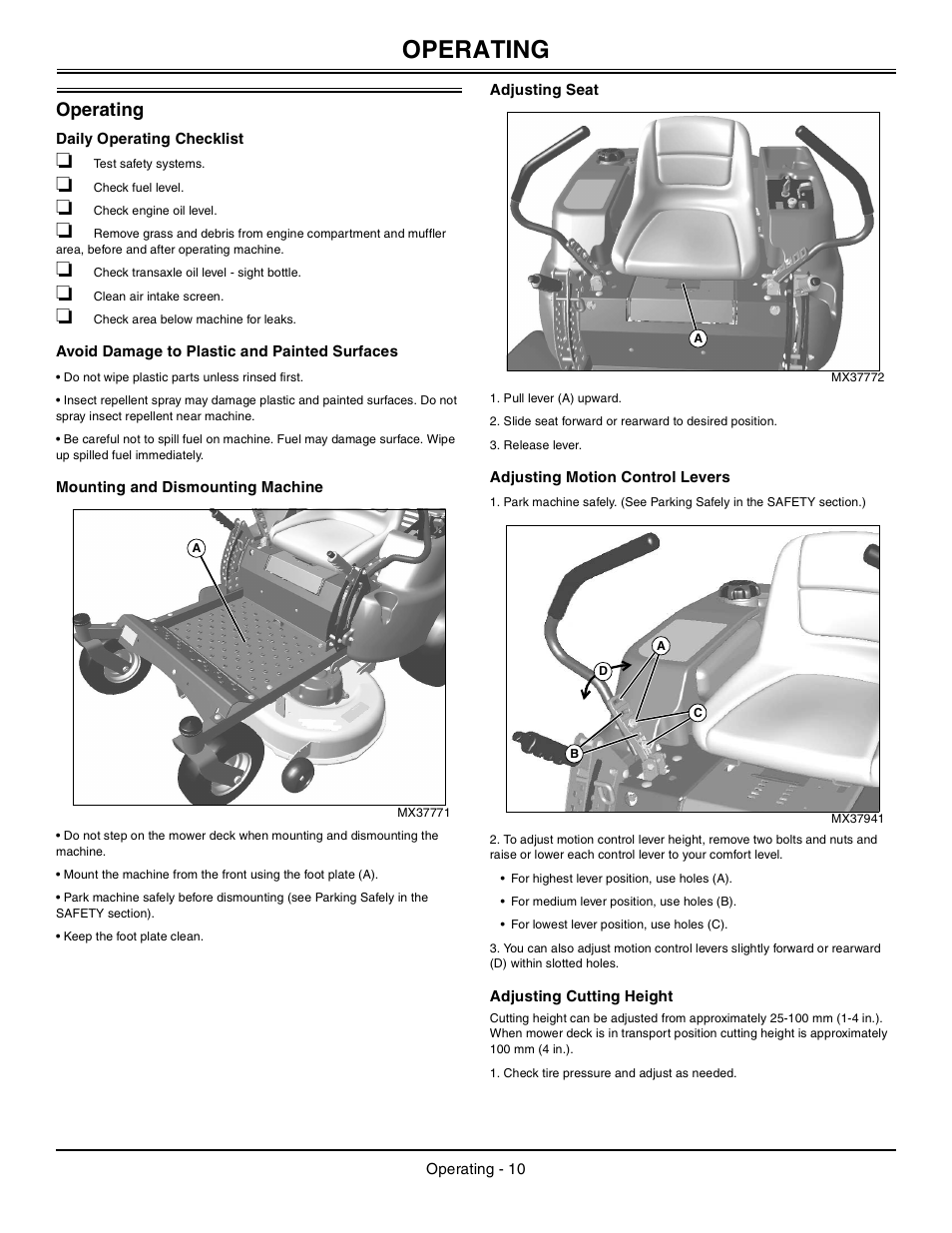Operating, Daily operating checklist, Avoid damage to plastic and painted surfaces | Mounting and dismounting machine, Adjusting seat, Adjusting motion control levers, Adjusting cutting height | John Deere z425 User Manual | Page 11 / 48