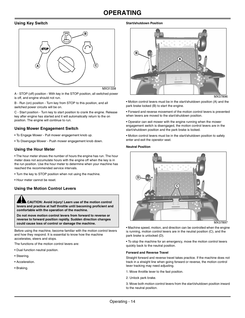 Using key switch, Using mower engagement switch, Using the hour meter | Using the motion control levers, Start/shutdown position, Neutral position, Forward and reverse travel, Operating | John Deere z425 User Manual | Page 15 / 48