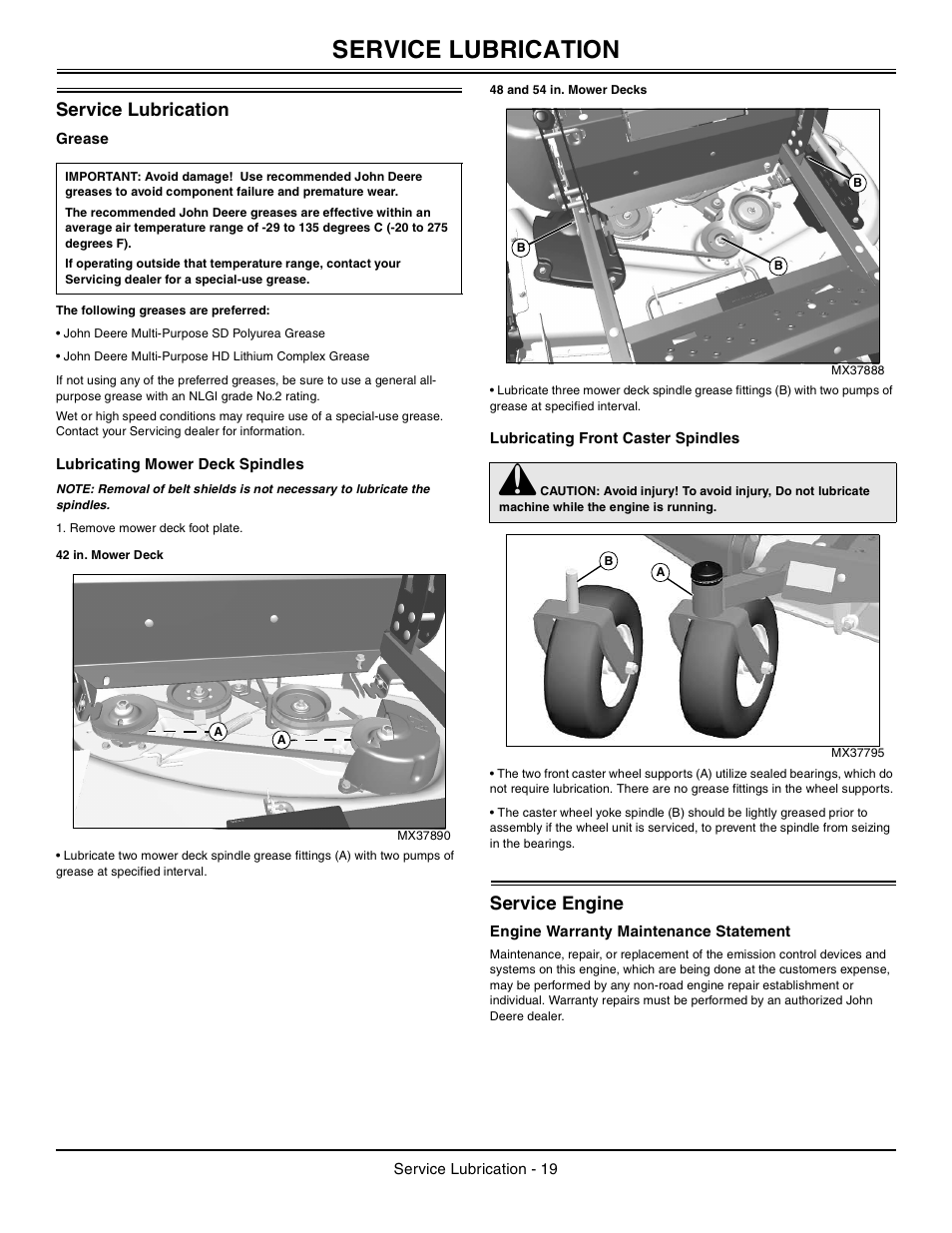 Service lubrication, Grease, The following greases are preferred | Lubricating mower deck spindles, 42 in. mower deck, 48 and 54 in. mower decks, Lubricating front caster spindles, Service engine, Engine warranty maintenance statement | John Deere z425 User Manual | Page 20 / 48