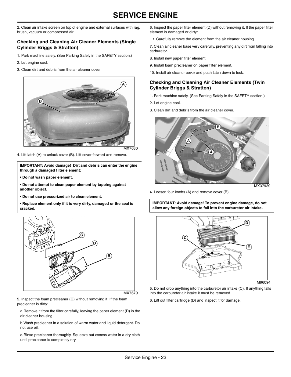 Service engine | John Deere z425 User Manual | Page 24 / 48