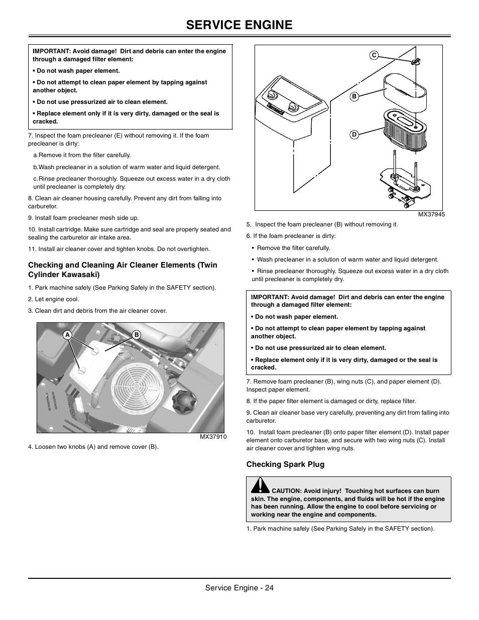 Checking spark plug, Service engine | John Deere z425 User Manual | Page 25 / 48