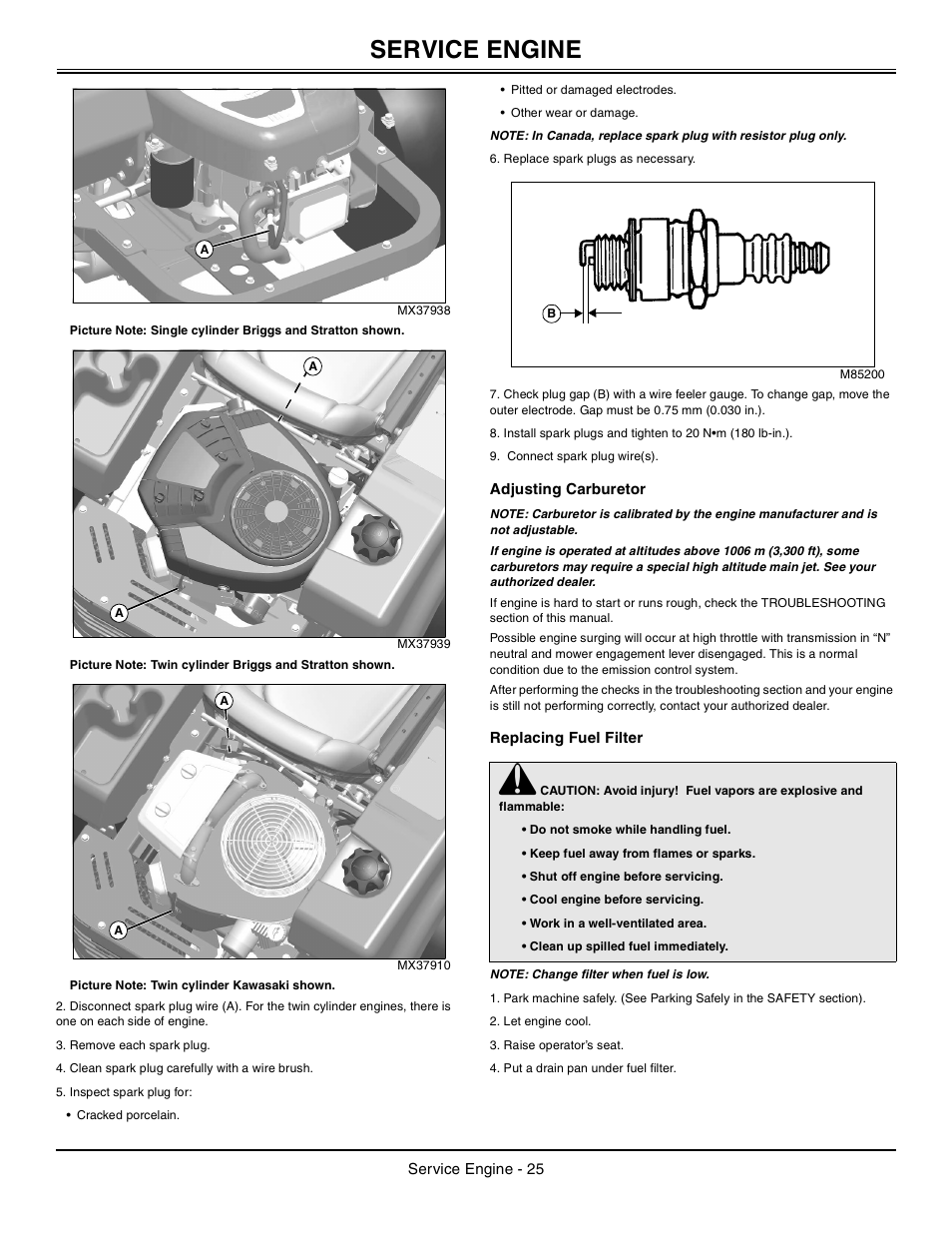 Adjusting carburetor, Replacing fuel filter, Service engine | John Deere z425 User Manual | Page 26 / 48