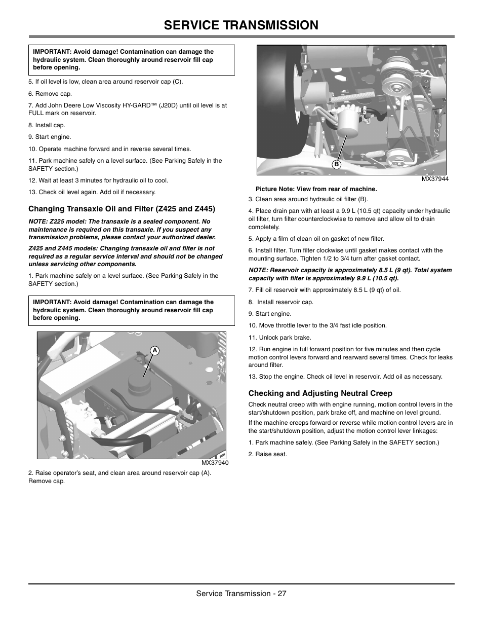 Changing transaxle oil and filter, Checking and adjusting neutral creep, Service transmission | John Deere z425 User Manual | Page 28 / 48