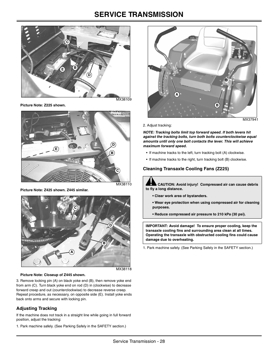 Adjusting tracking, Cleaning transaxle cooling fans (z225), Service transmission | John Deere z425 User Manual | Page 29 / 48
