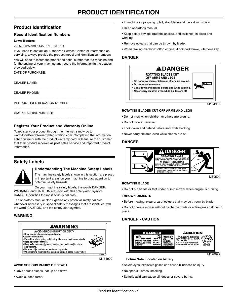 Product identification, Record identification numbers, Lawn tractors | Register your product and warranty online, Safety labels, Understanding the machine safety labels, Warning, Avoid serious injury or death, Danger, Rotating blades cut off arms and legs | John Deere z425 User Manual | Page 3 / 48