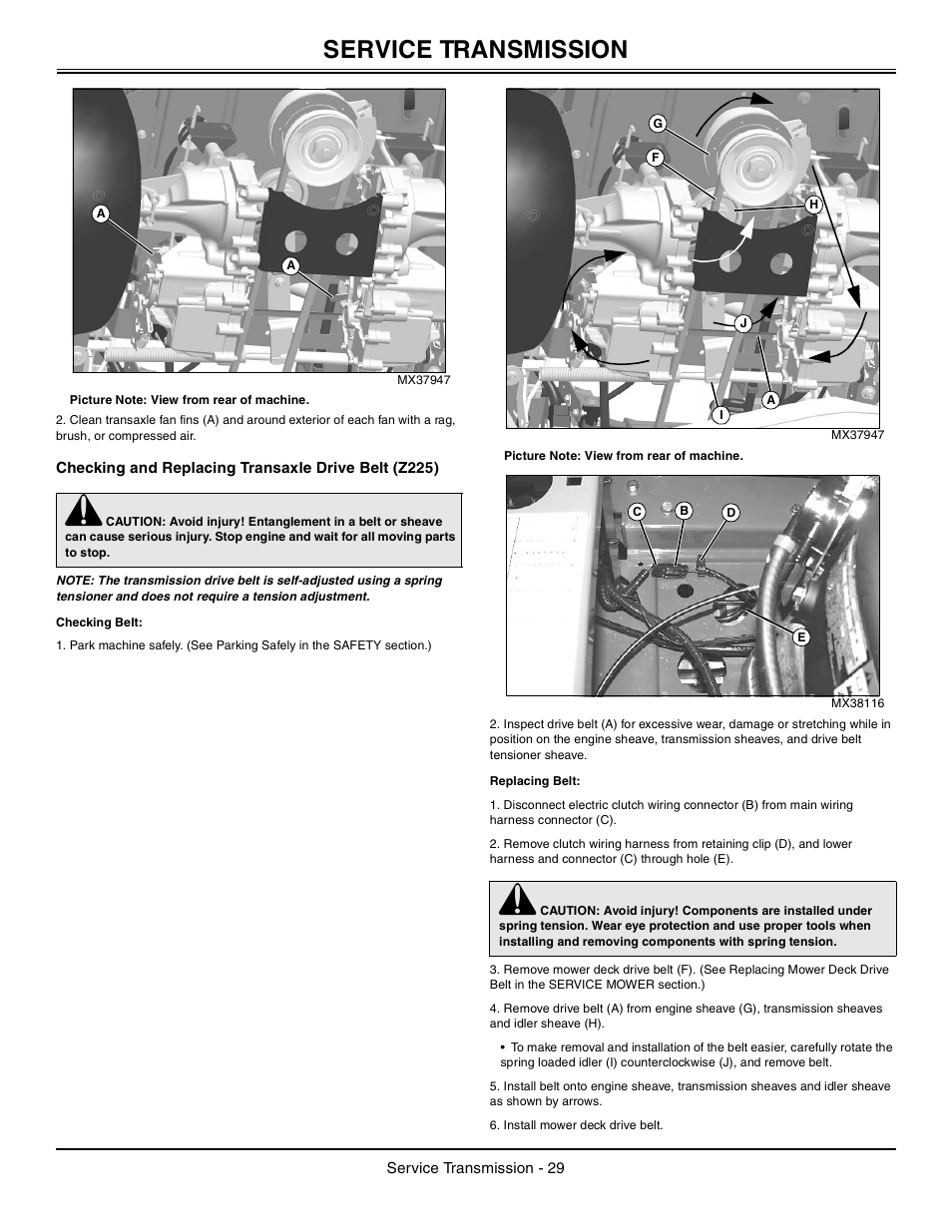 Checking and replacing transaxle drive belt (z225), Checking belt, Replacing belt | Service transmission | John Deere z425 User Manual | Page 30 / 48