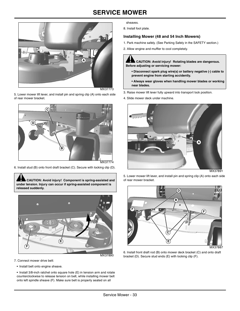 Installing mower (48 and 54 inch mowers), Service mower | John Deere z425 User Manual | Page 34 / 48