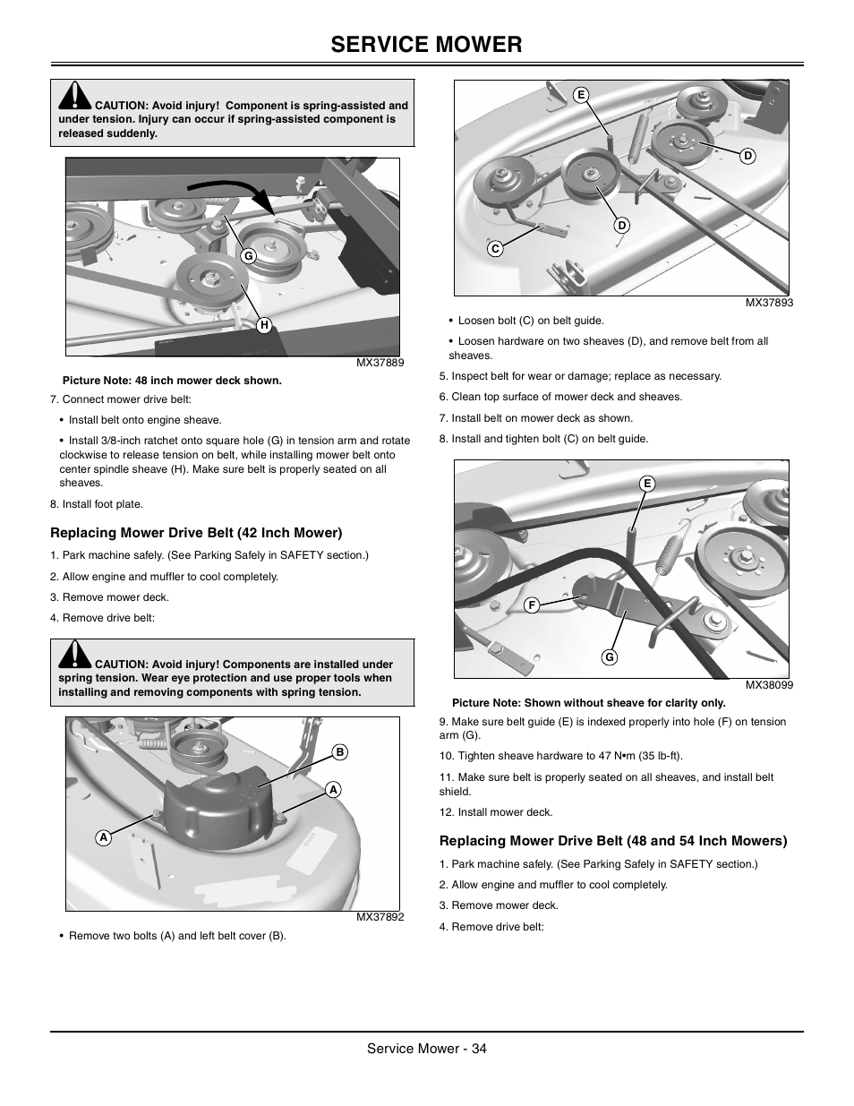 Replacing mower drive belt, Service mower | John Deere z425 User Manual | Page 35 / 48