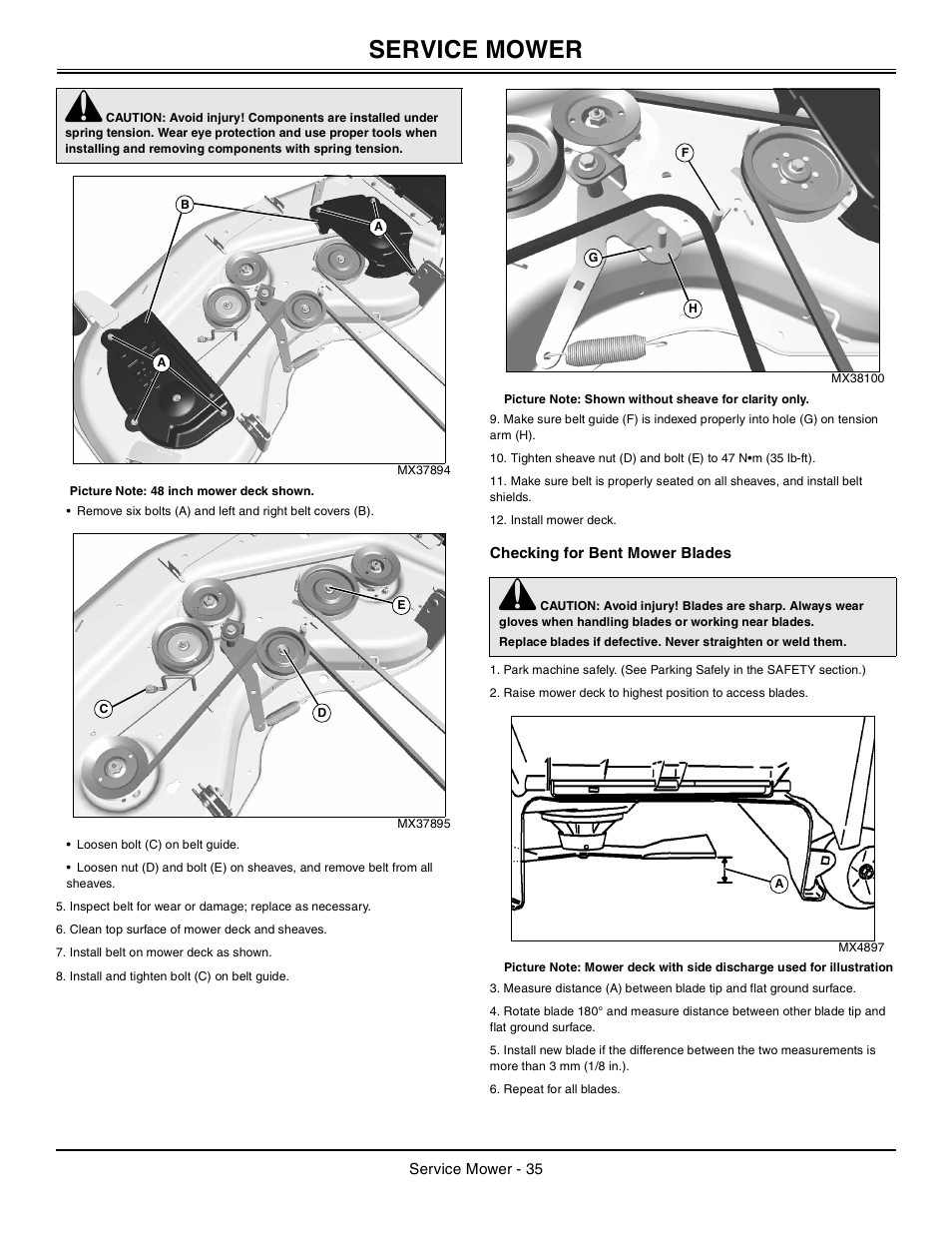 Checking for bent mower blades, Service mower | John Deere z425 User Manual | Page 36 / 48