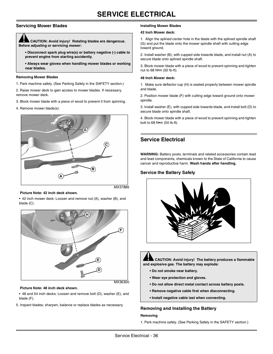 Servicing mower blades, Removing mower blades, Installing mower blades | 42 inch mower deck, 48 inch mower deck, Service electrical, Service the battery safely, Removing and installing the battery, Removing | John Deere z425 User Manual | Page 37 / 48