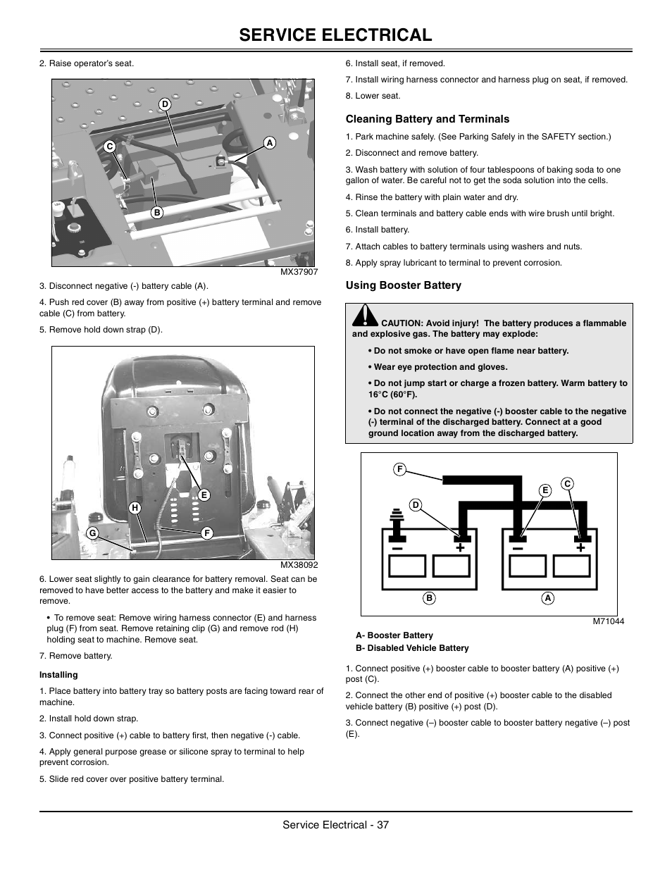 Installing, Cleaning battery and terminals, Using booster battery | Service electrical | John Deere z425 User Manual | Page 38 / 48