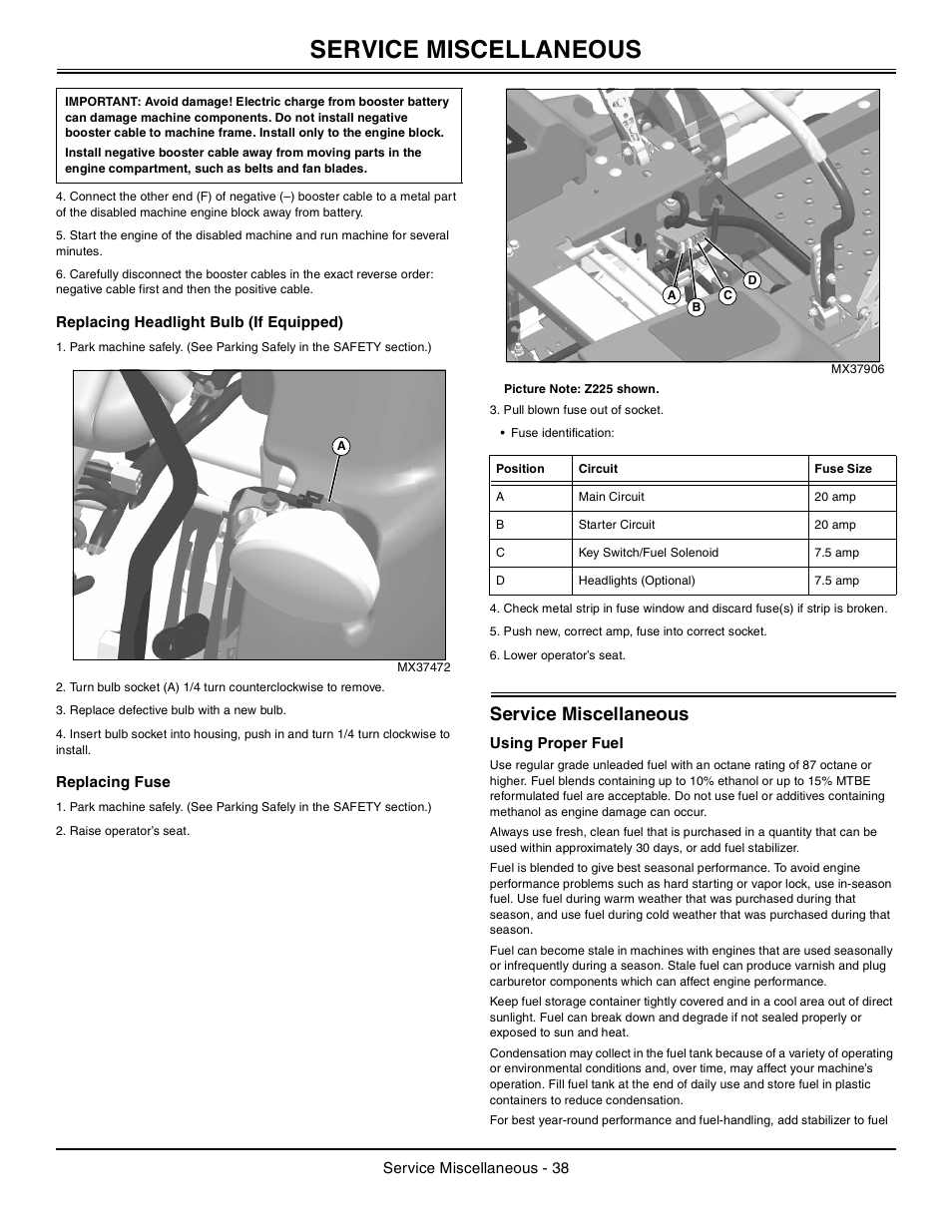 Replacing headlight bulb, Replacing fuse, Service miscellaneous | Using proper fuel | John Deere z425 User Manual | Page 39 / 48