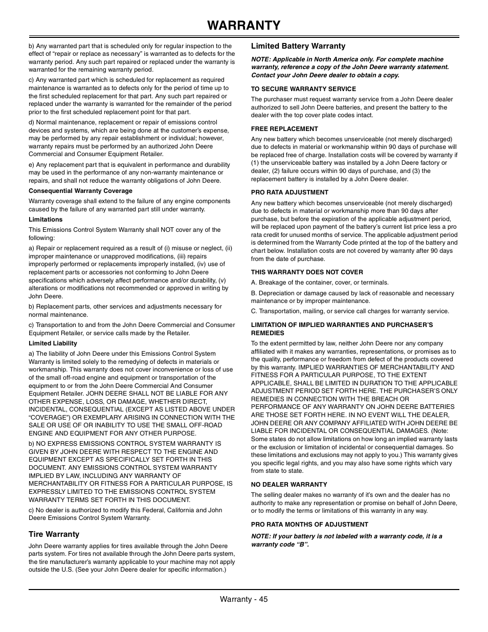 Tire warranty, Limited battery warranty, To secure warranty service | Free replacement, Pro rata adjustment, This warranty does not cover, No dealer warranty, Pro rata months of adjustment, Warranty | John Deere z425 User Manual | Page 46 / 48