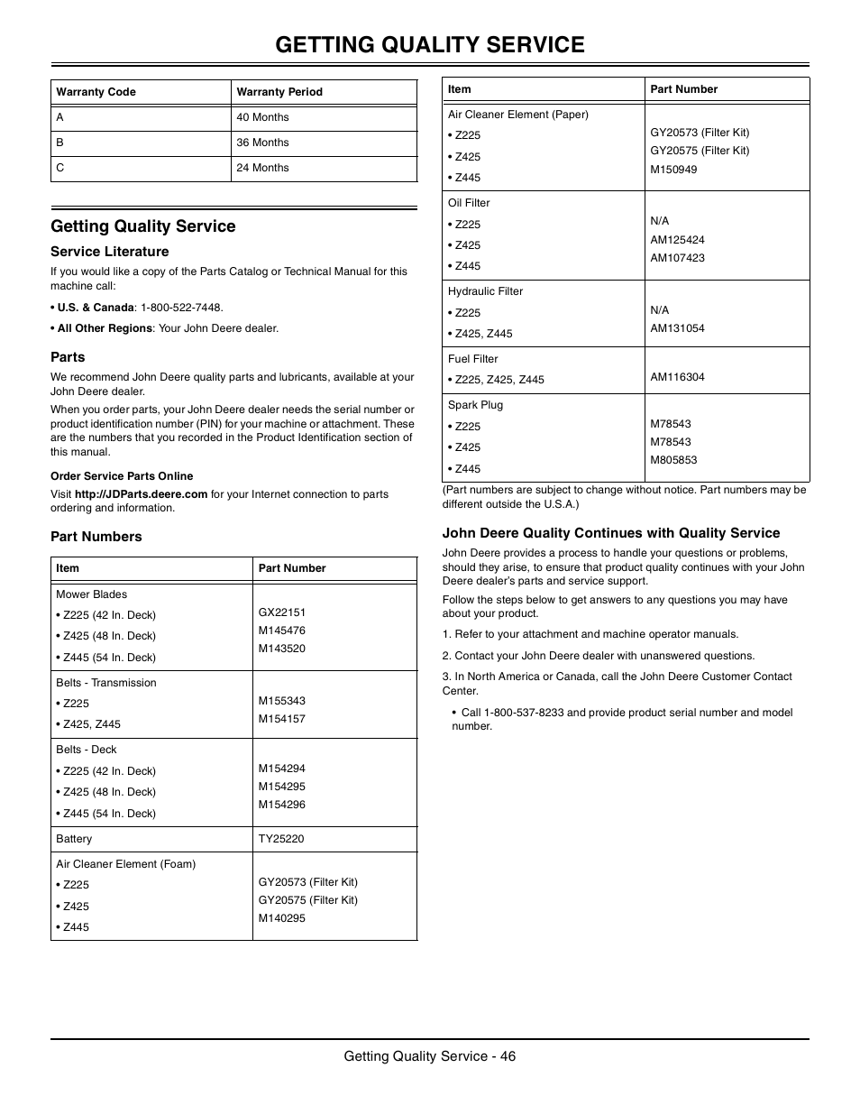 Getting quality service, Service literature, Parts | Order service parts online, Part numbers, John deere quality continues with quality service | John Deere z425 User Manual | Page 47 / 48