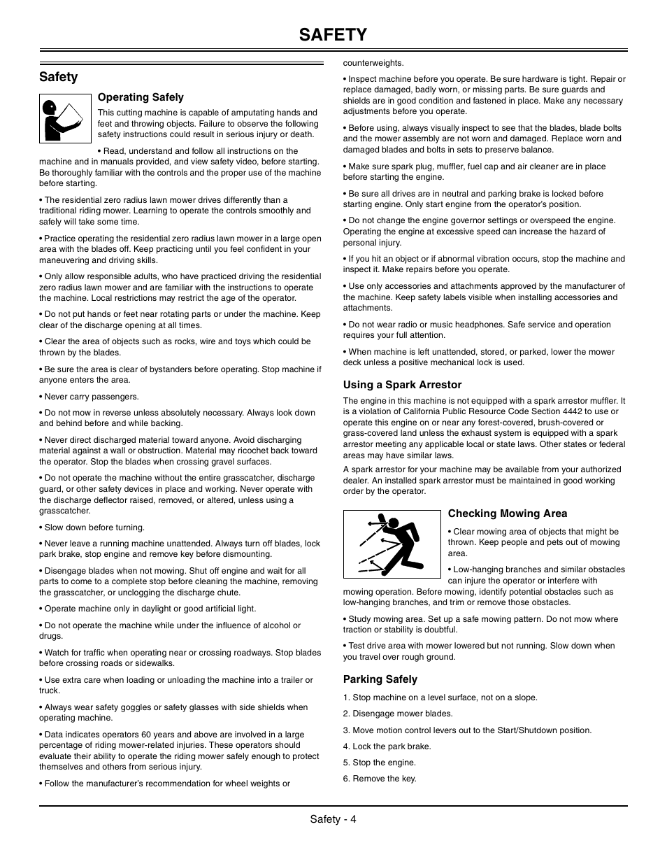 Safety, Operating safely, Using a spark arrestor | Checking mowing area, Parking safely | John Deere z425 User Manual | Page 5 / 48