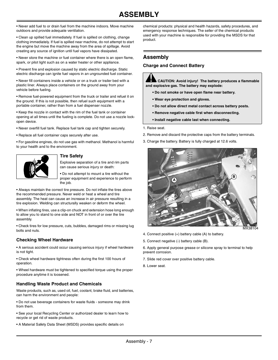 Tire safety, Checking wheel hardware, Handling waste product and chemicals | Assembly, Charge and connect battery | John Deere z425 User Manual | Page 8 / 48