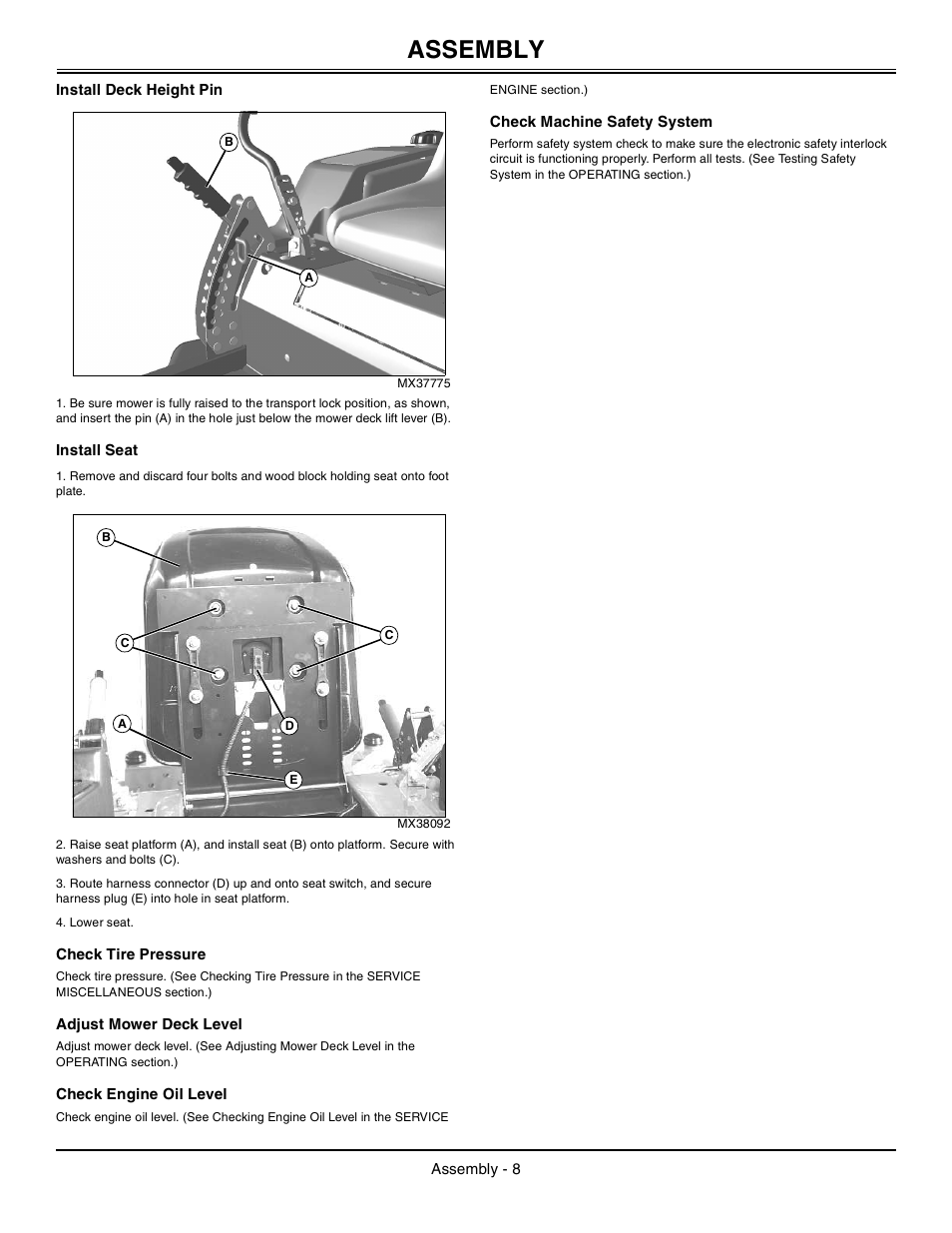 Install deck height pin, Install seat, Check tire pressure | Adjust mower deck level, Check engine oil level, Check machine safety system, Assembly | John Deere z425 User Manual | Page 9 / 48