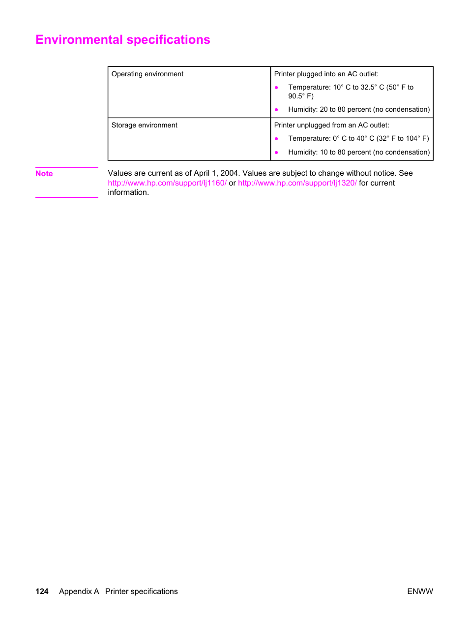 Environmental specifications | HP LaserJet 1320 User Manual | Page 134 / 184