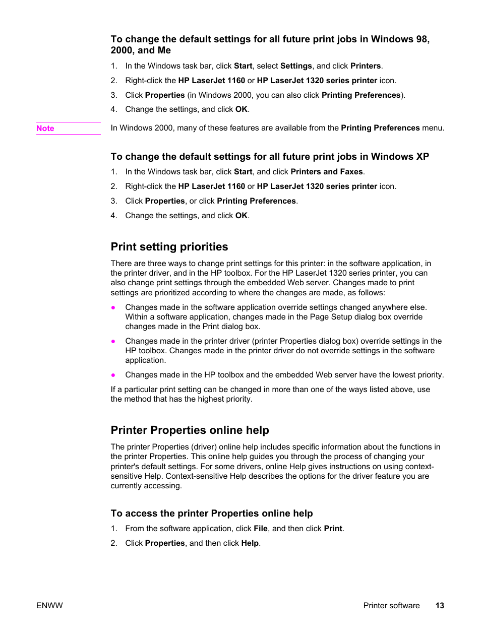 Print setting priorities, Printer properties online help | HP LaserJet 1320 User Manual | Page 23 / 184