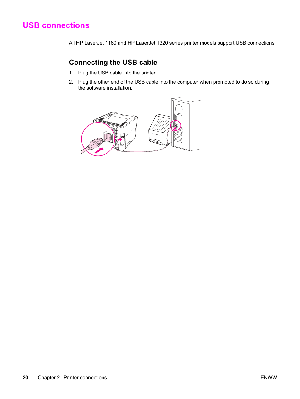 Usb connections, Connecting the usb cable | HP LaserJet 1320 User Manual | Page 30 / 184