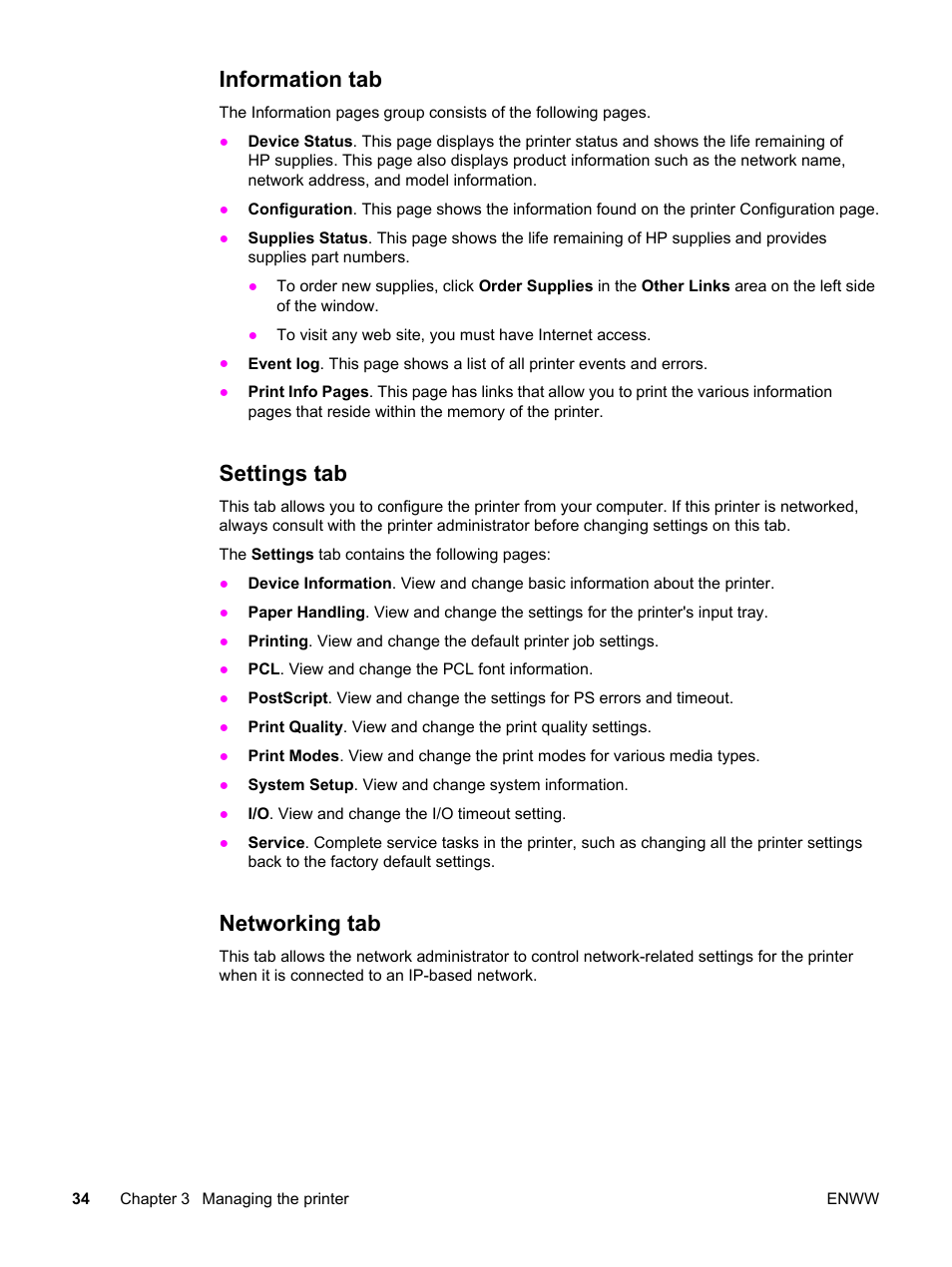 Information tab, Settings tab, Networking tab | Information tab settings tab networking tab | HP LaserJet 1320 User Manual | Page 44 / 184