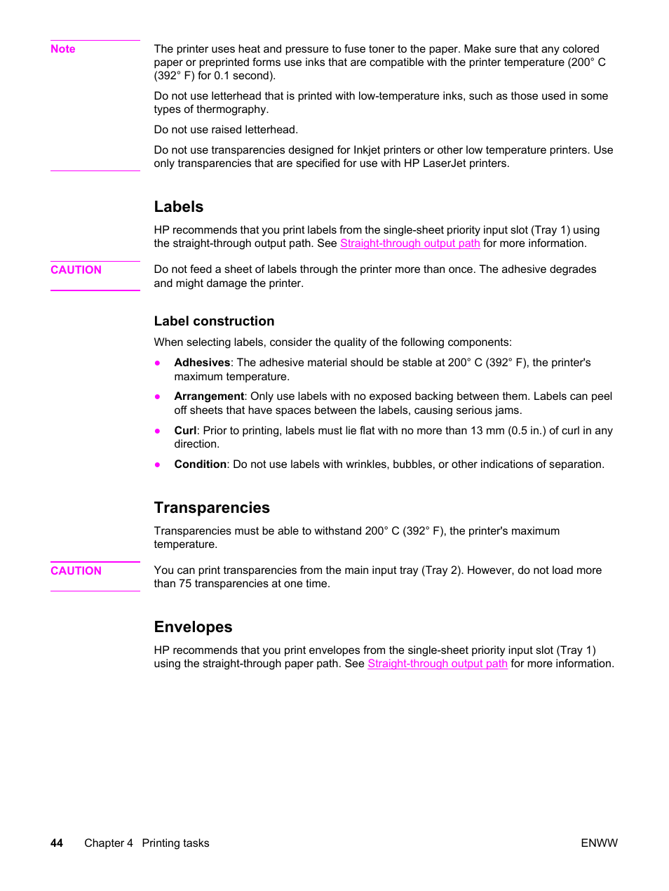 Labels, Transparencies, Envelopes | Labels transparencies envelopes | HP LaserJet 1320 User Manual | Page 54 / 184