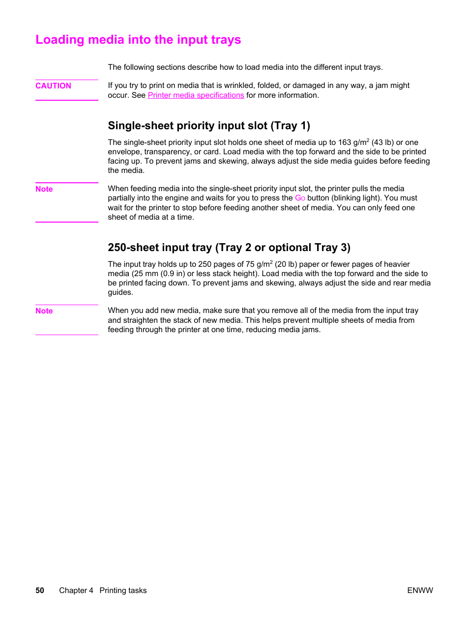 Loading media into the input trays, Single-sheet priority input slot (tray 1), Sheet input tray (tray 2 or optional tray 3) | HP LaserJet 1320 User Manual | Page 60 / 184