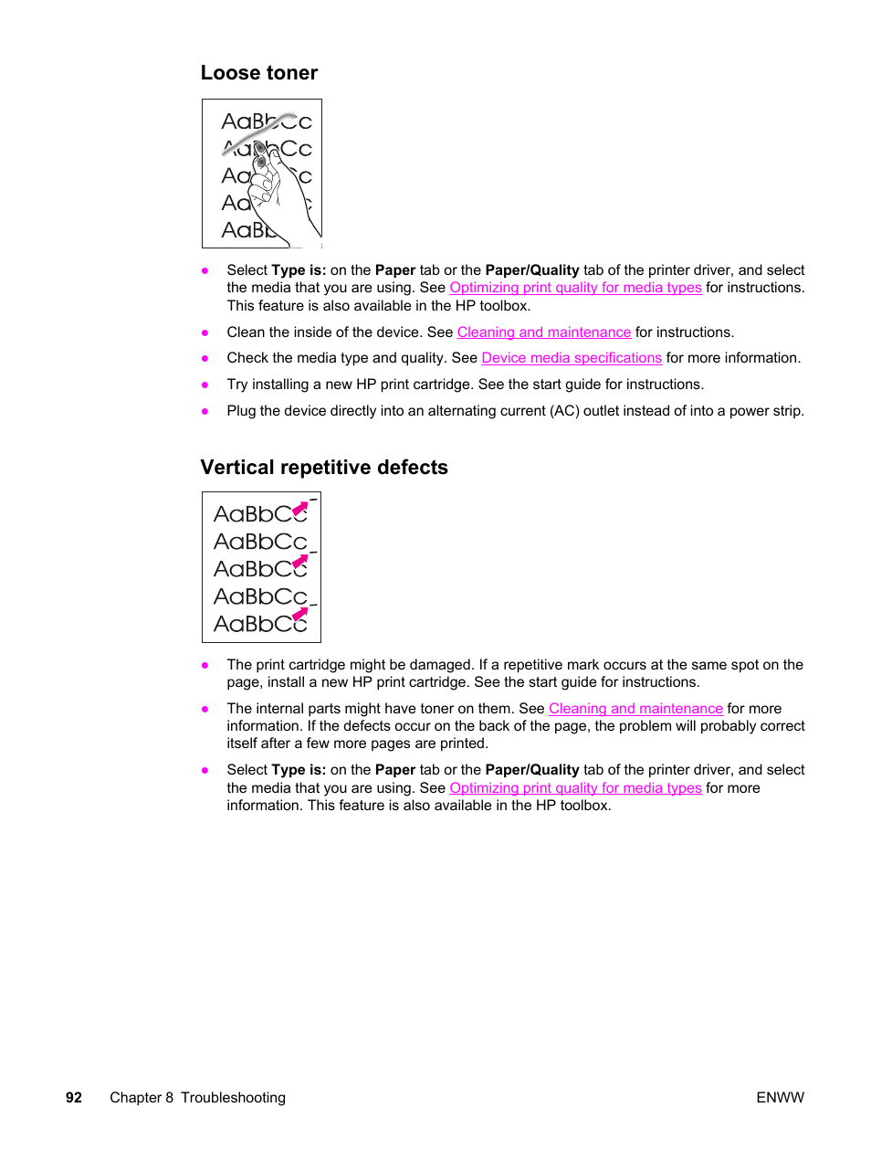 Loose toner, Vertical repetitive defects, Loose toner vertical repetitive defects | HP LaserJet 3015 User Manual | Page 102 / 164