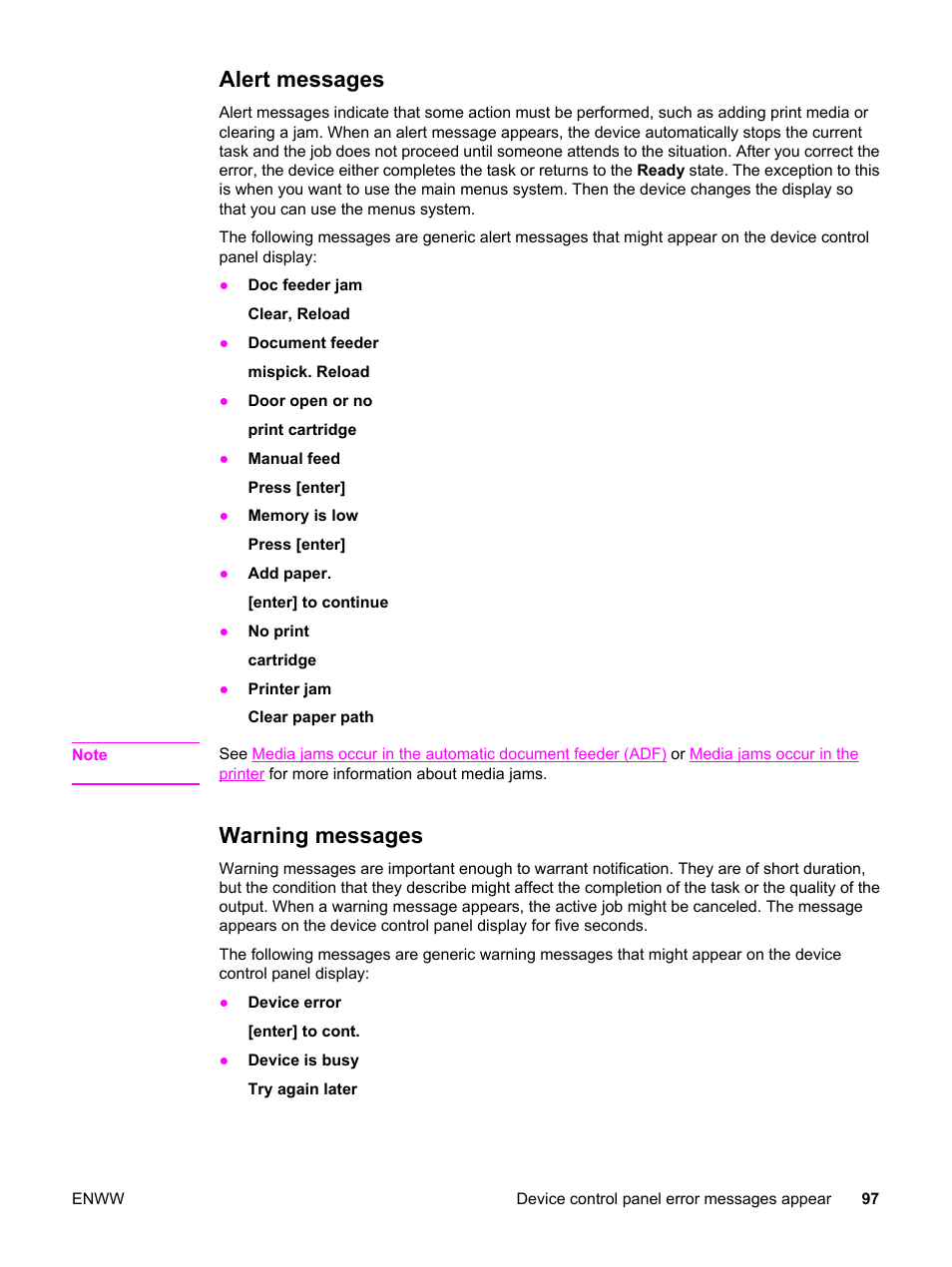 Alert messages, Warning messages, Alert messages warning messages | HP LaserJet 3015 User Manual | Page 107 / 164