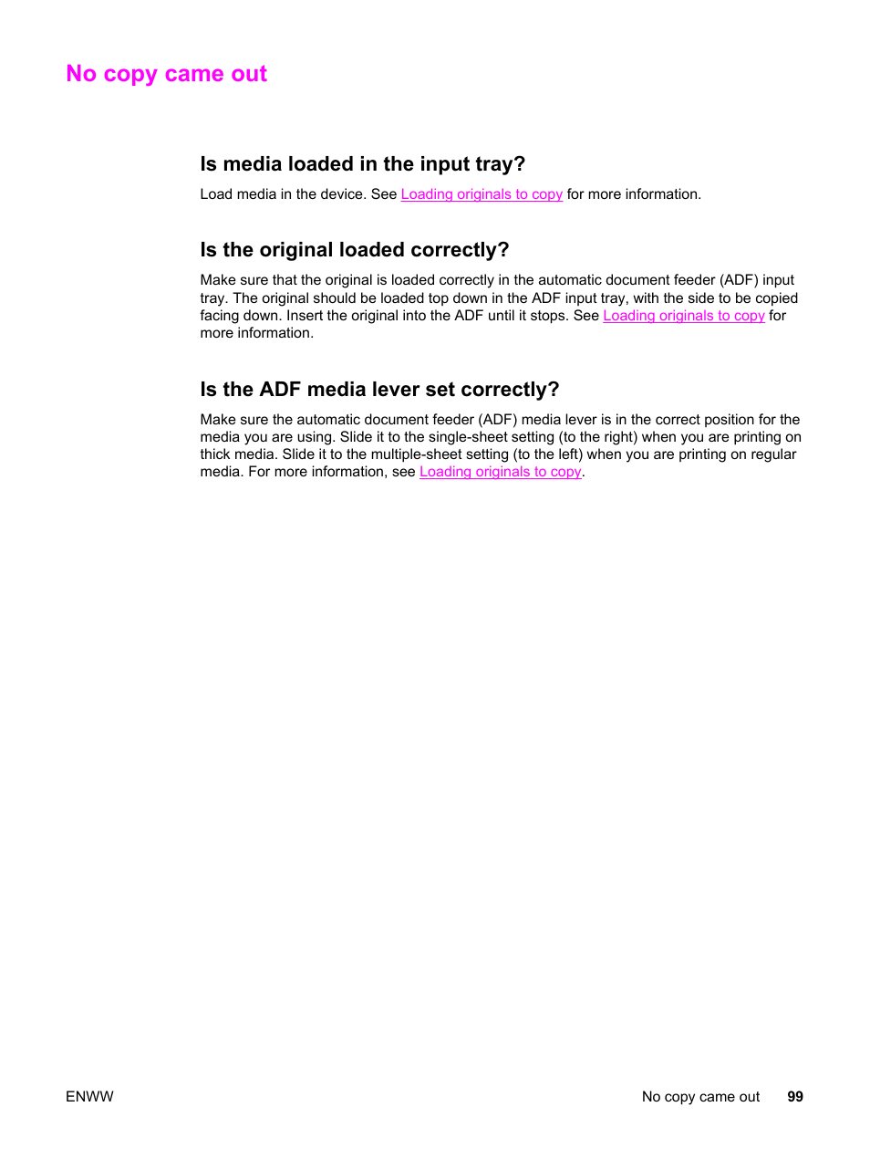 No copy came out, Is media loaded in the input tray, Is the original loaded correctly | Is the adf media lever set correctly | HP LaserJet 3015 User Manual | Page 109 / 164