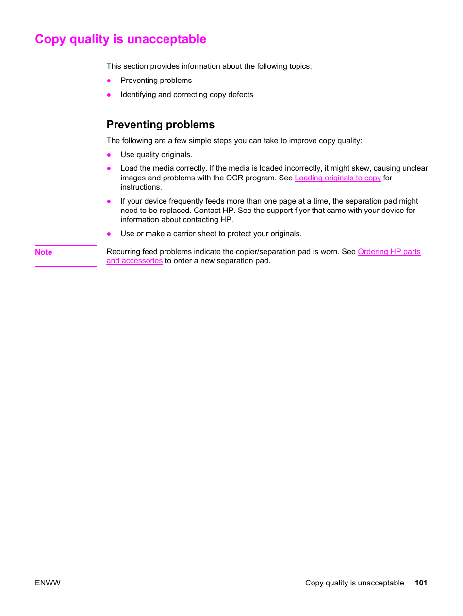 Copy quality is unacceptable, Preventing problems | HP LaserJet 3015 User Manual | Page 111 / 164