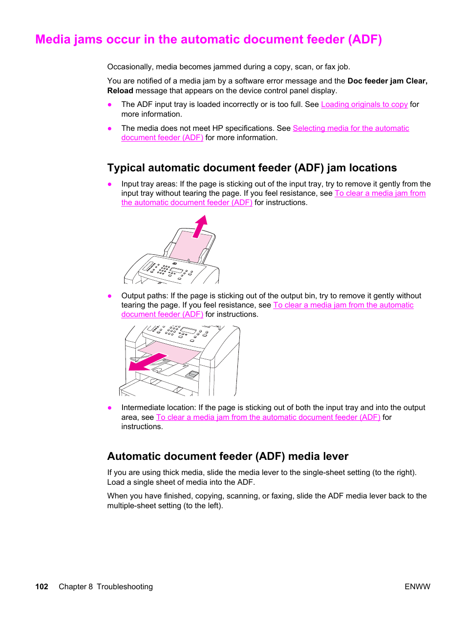 Automatic document feeder (adf) media lever, Media jams occur in, The automatic document feeder (adf) | HP LaserJet 3015 User Manual | Page 112 / 164