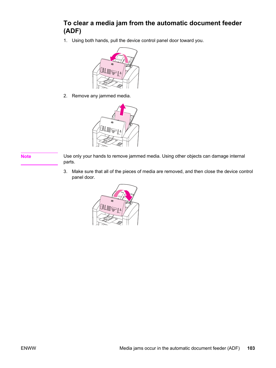 To clear a media jam from, The automatic document feeder (adf), To clear a media jam from the automatic | Document feeder (adf), For instructions | HP LaserJet 3015 User Manual | Page 113 / 164