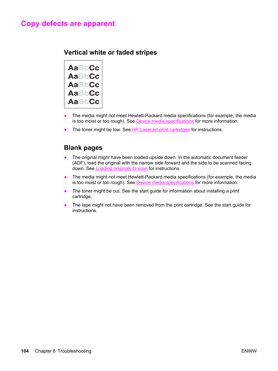 Copy defects are apparent, Vertical white or faded stripes, Blank pages | HP LaserJet 3015 User Manual | Page 114 / 164