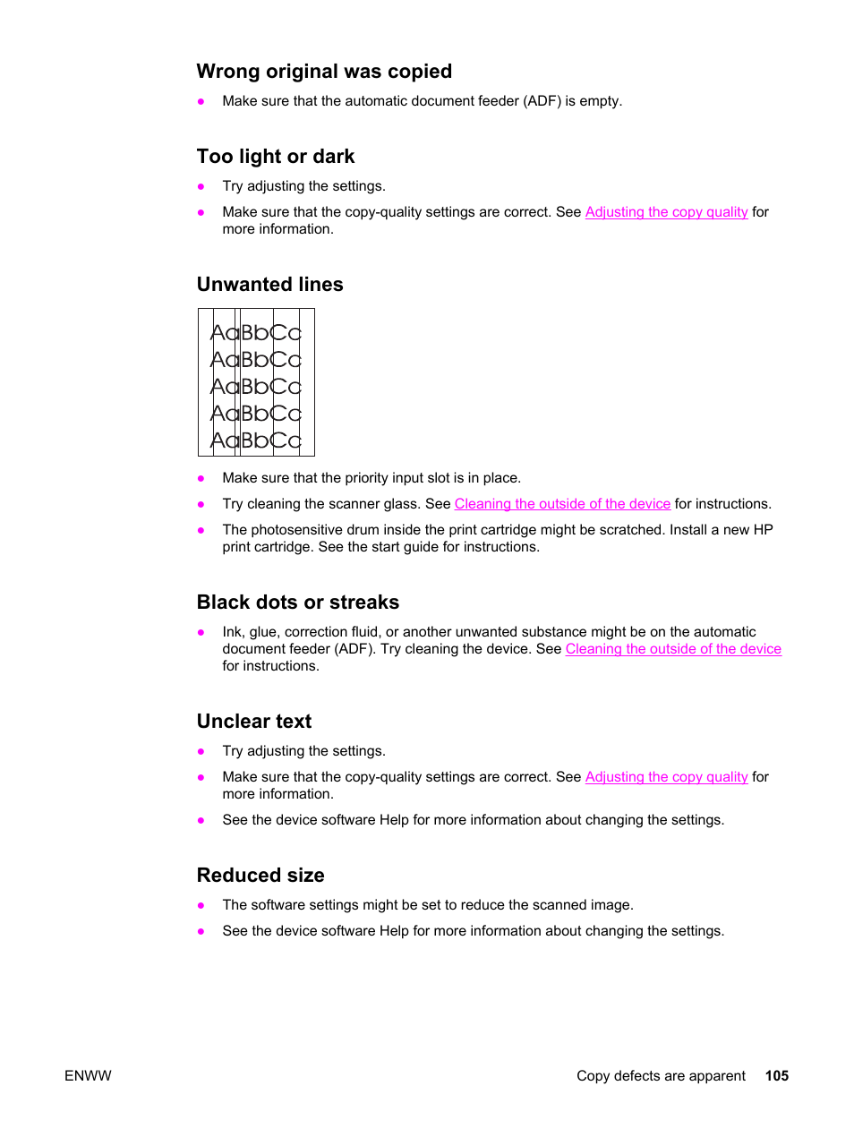 Wrong original was copied, Too light or dark, Unwanted lines | Black dots or streaks, Unclear text, Reduced size | HP LaserJet 3015 User Manual | Page 115 / 164