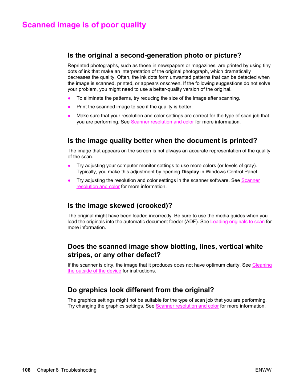 Scanned image is of poor quality, Is the image skewed (crooked), Do graphics look different from the original | HP LaserJet 3015 User Manual | Page 116 / 164