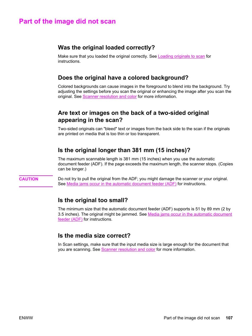 Part of the image did not scan, Was the original loaded correctly, Does the original have a colored background | Is the original longer than 381 mm15 inches, Is the original too small, Is the media size correct | HP LaserJet 3015 User Manual | Page 117 / 164