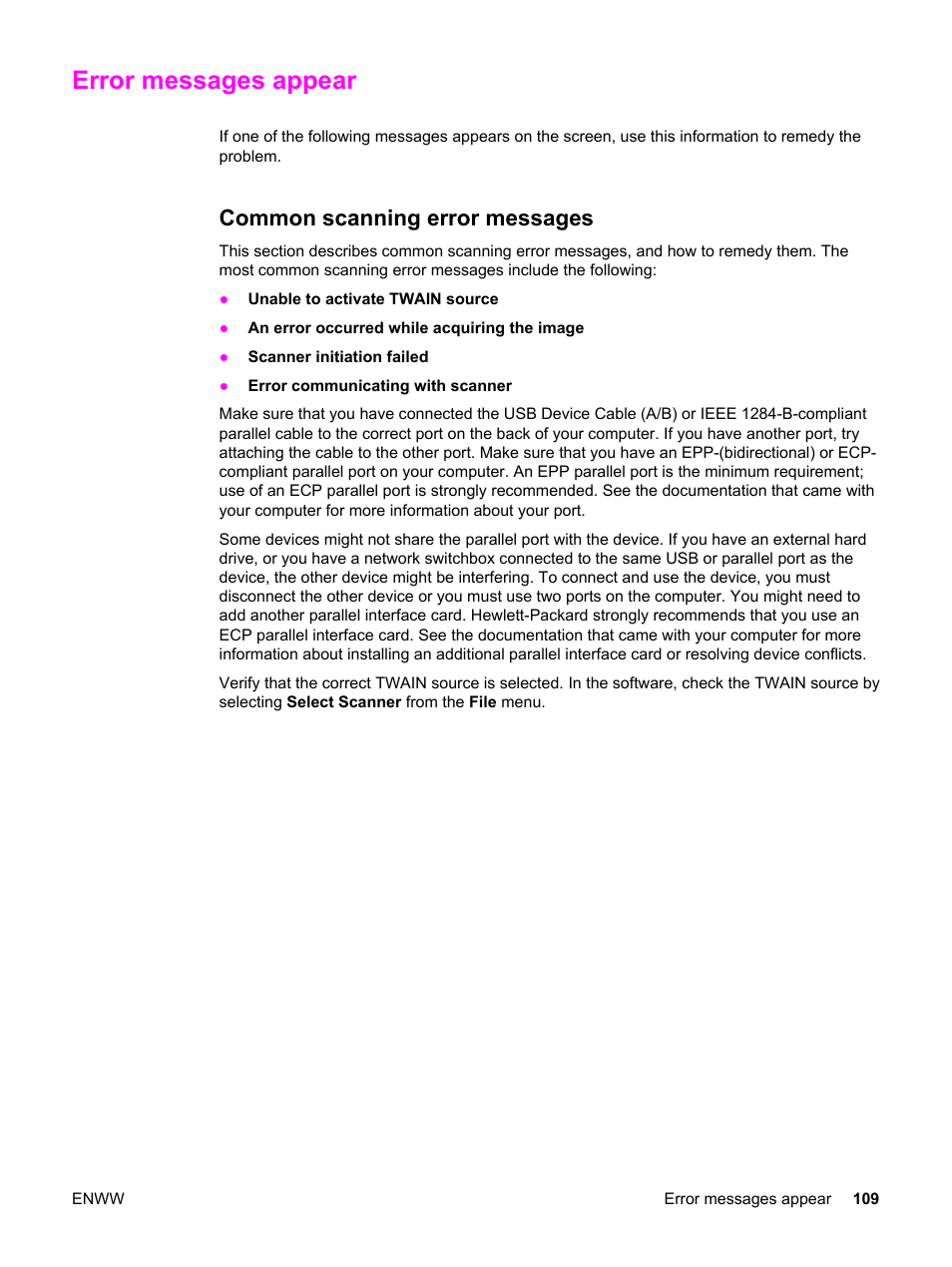 Error messages appear, Common scanning error messages | HP LaserJet 3015 User Manual | Page 119 / 164