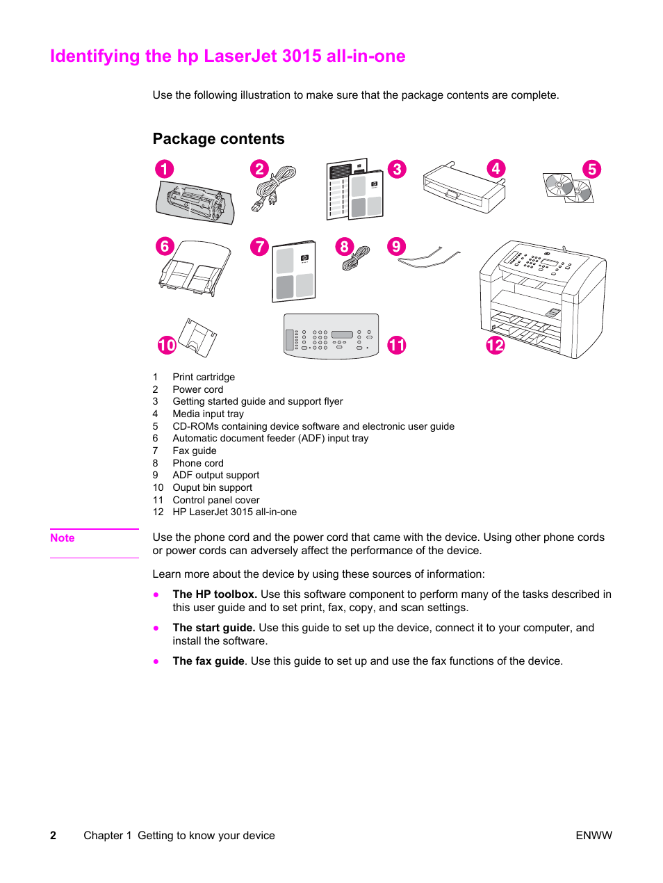 Identifying the hp laserjet 3015 all-in-one, Package contents | HP LaserJet 3015 User Manual | Page 12 / 164