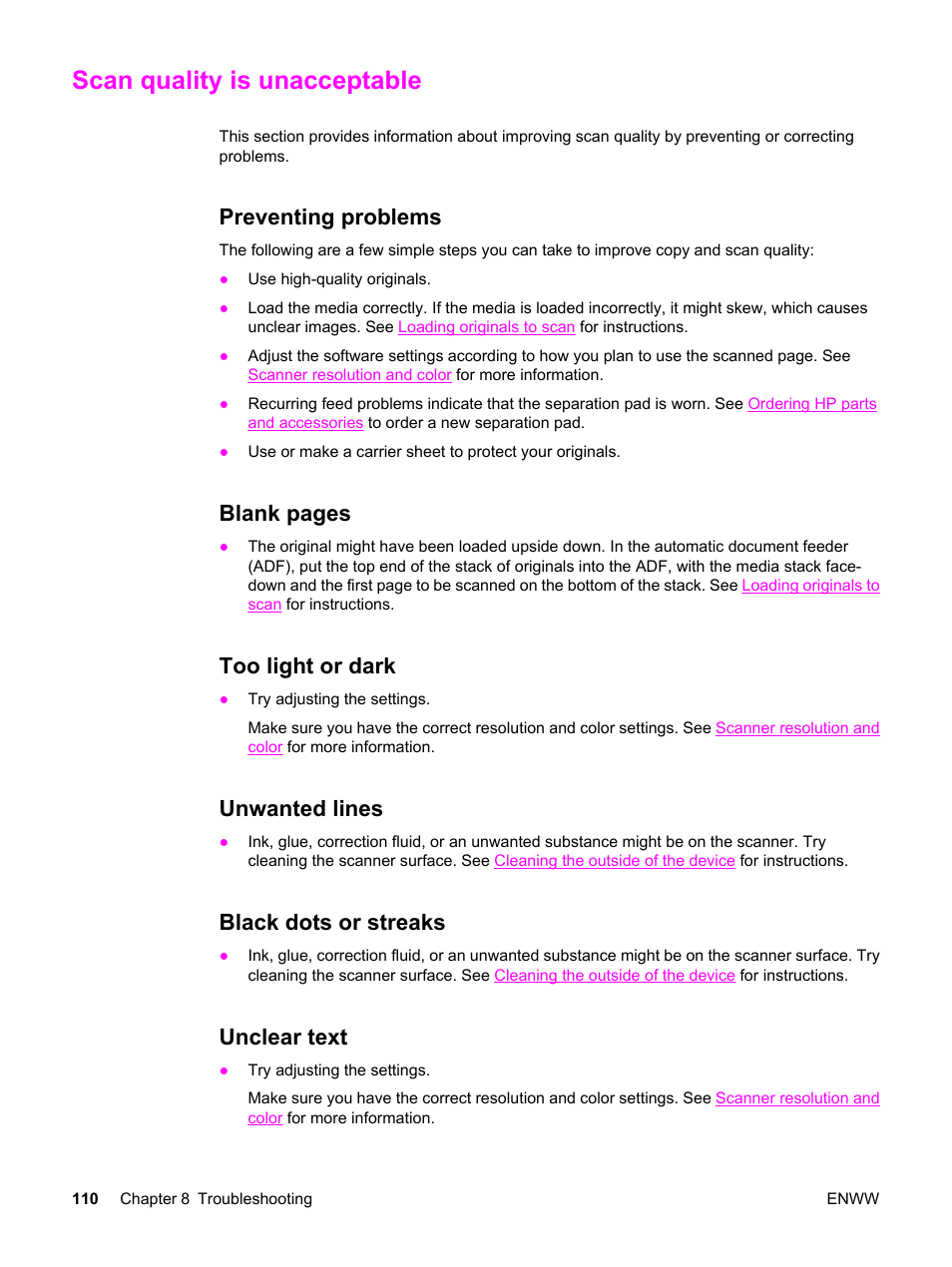 Scan quality is unacceptable, Preventing problems, Too light or dark | Unwanted lines, Black dots or streaks, Unclear text, Blank pages | HP LaserJet 3015 User Manual | Page 120 / 164