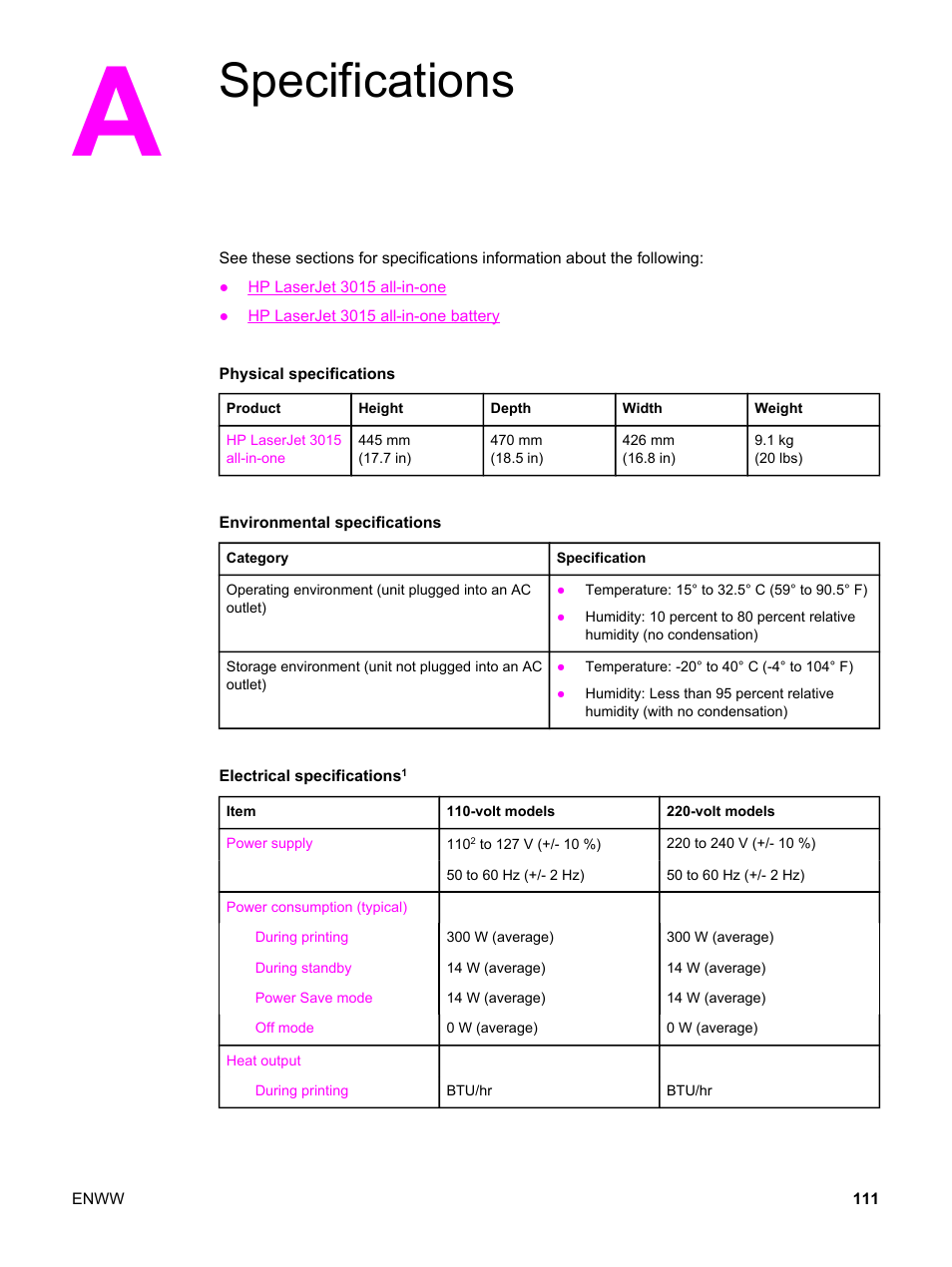 Specifications, Appendix a specifications | HP LaserJet 3015 User Manual | Page 121 / 164